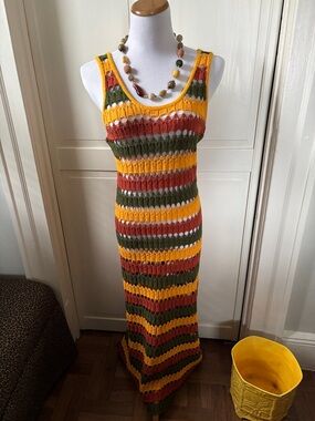 Zara Striped Crochet Maxi Dress in Mustard, Olive & Rust